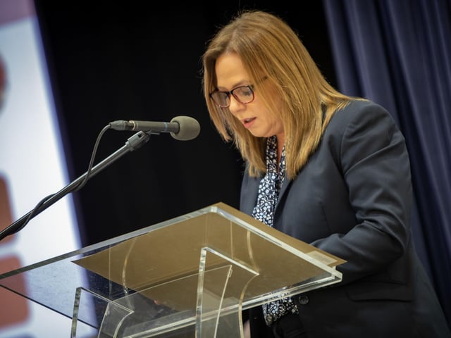 Sharon Doherty, addressing the attendance at the Derry Credit Union AGM at St. Mary's College on Monday evening.