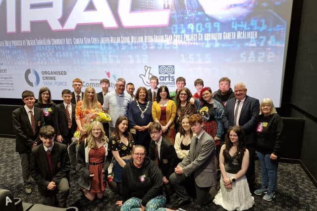 The cast and crew of 'Viral' at the premier in Brunswick Moviebowl, with Mayor of Derry City and Strabane District Councillor Patricia Logue.