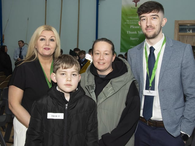Mrs. Ciara Deane, Principal, St. Joseph’s Boys' School pictured with Chapel Road PS pupil Padraig O’Kane, his mum Clare and Mr. McLaughlin, Classroom Assistant during Friday’s Open Day.