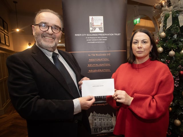 John Meehan, Inner City Trust, pictured handing over a cheque to Bernie Williams, Northlands Centre, at the Bishop's Gate Hotel, Derry on Thursday afternoon last. The event was part of the Inner City Trust's Annual Charity Giving. (Photos: Jim McCafferty Photography)