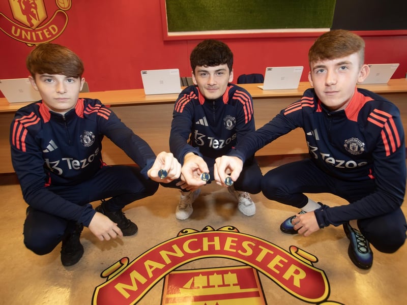 Man United BTEC students Cayden Wade, Tommy McLaughlin and Kyle Redden in partnership with University of Ulster.