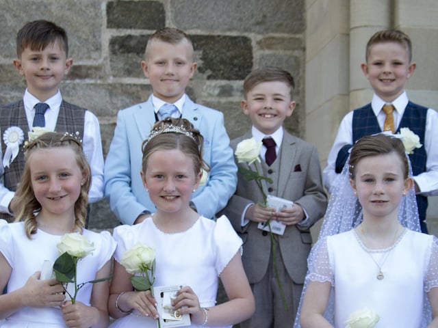 Pupils from Ballougry Primary School who received the Sacrament of First Holy Communion from Fr. Gerard Mongan at St. Columba's Church, Long Tower on Friday last. (Photo: Gerry Temple)
