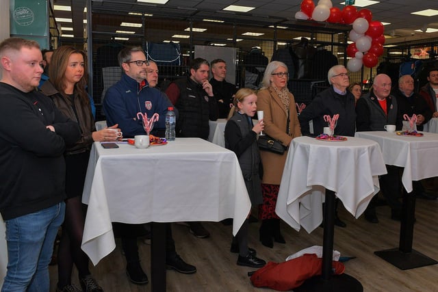 Some of the attendance pictured at the launch of Derry City’s 2024 home shirt at O’Neill’s superstore on Wednesday evening. Photo: George Sweeney