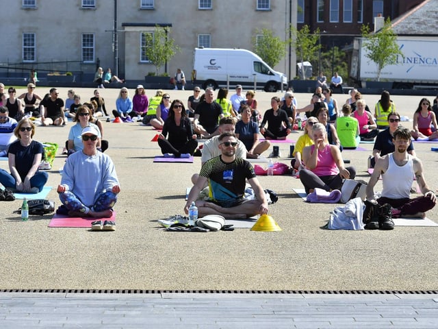There was a large turnout, in Ebrington Square on Saturday morning, for the Northlands Well Being Yoga event lead by John Bell. The event was part of the Northlands 50th Anniversary Celebrations. Photo: George Sweeney