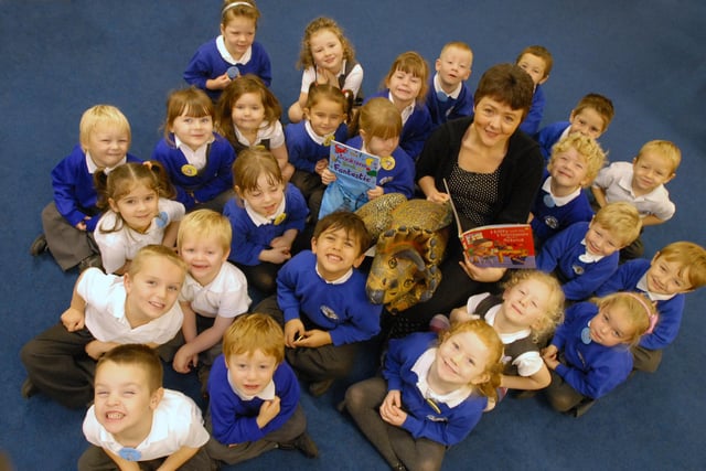 Pupils from Westoe Crown Primary School were pictured with librarian Claire Craig during a storytelling session in 2008.