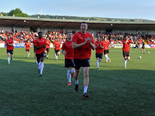 Derry players return to the changing rooms after a warmup prior to the game against Bohemian on Friday evening. Photo: George Sweeney. DER2322GS – 148