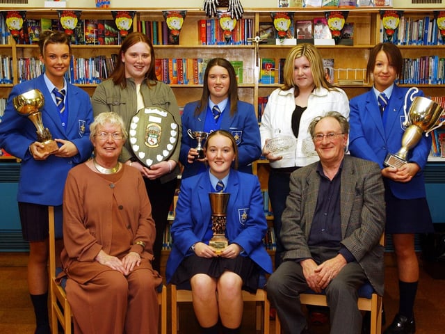 Prizewinners pictured at the annual presentation night of St Mary's College. Included, from left, are, Dr Aine Downey, Board of Governors, Sarah O'Reilly, PE Academic Achievement award, and Professor Peter Daws, star programme Assessor . Back from left, are Natalie Donnelly, Sports Award, Deirdre McDaid, health and Social care award, Roxanne Nixon, Leisure and Tourism, Danielle Duddy, Politics, A level Business award, and Seorse Dalzell, Technolgy and Design. (1510A17)