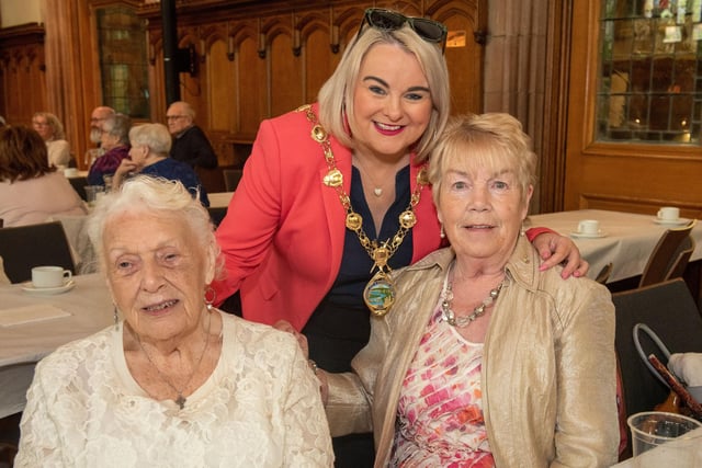 The Mayor Councillor Sandra Duffy hosted final tea dance of her term in the Guildhall on Wednesday pictured with Margaret Bryson and Eileen McCauley . Picture Martin McKeown.
