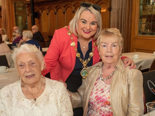 The Mayor Councillor Sandra Duffy hosted final tea dance of her term in the Guildhall on Wednesday pictured with Margaret Bryson and Eileen McCauley . Picture Martin McKeown.