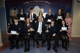 Year 13 prizewinners at Oakgrove Integrated College receiving their awards from Mr. Colin Donaghey, Head of Sixth Form. At back are Mrs. Kellie-Marie Martin, Vice Principal and Mrs. Julie-Anne Canning, Head of Year 8.