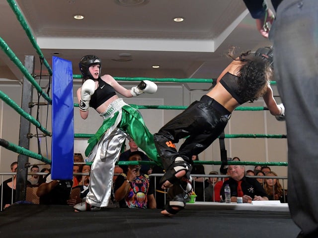 Top Ring Gym’s Annie Murphy (left) fighting Baltoufa Manel, Tek Gym France, in the WKU Pro-Am World Title on Saturday evening last in the Everglades Hotel. Photo: George Sweeney. DER2312GS – 63