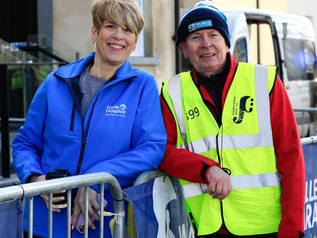 Sheila Duffy (Foyle Hospice with race director Noel McMonagle at the Bentley Group Walled City 10 Mile race, Ebrington Square.  (Photo - Tom Heaney, nwpresspics)