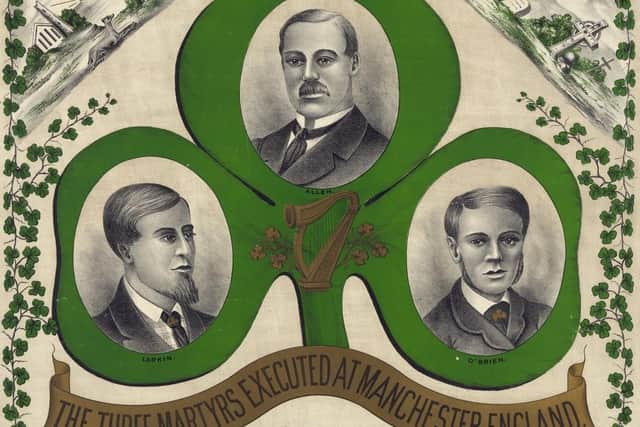 An illustration commemorating the Manchester Martyrs - from left Michael Larkin, William Philip Allen and Michael O'Brien. Image: US Library of Congress