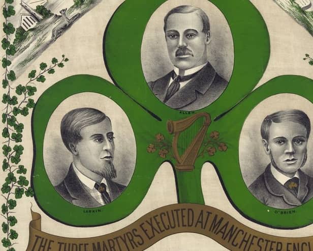 An illustration commemorating the Manchester Martyrs - from left Michael Larkin, William Philip Allen and Michael O'Brien. Image: US Library of Congress