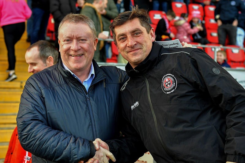 April 2023: Derry City Chairman, Philip O'Doherty, welcomes Bohemian  manager Declan Devine to the Brandywell.  Photo: George Sweeney