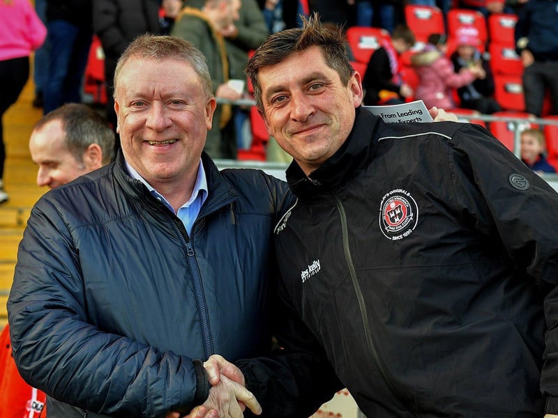 April 2023: Derry City Chairman, Philip O'Doherty, welcomes Bohemian  manager Declan Devine to the Brandywell.  Photo: George Sweeney