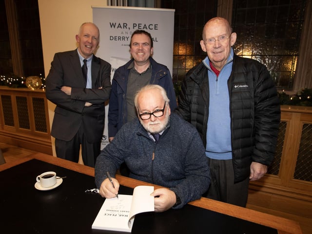 'War, Peace and the Derry Journal' author Pat McArt pictured with Garbhan Downey, Niall McCarroll and Colm McCarroll on Thursday night.