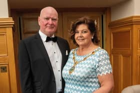 The Mayor Councillor Patricia Logue hosted the annual Mayor’s Ball in the Guildhall in aid of her crossed Charities the Foyle Hospice and Ryan McBride Foundation, pictured with her husband James. Picture Martin McKeown. 24.05.24