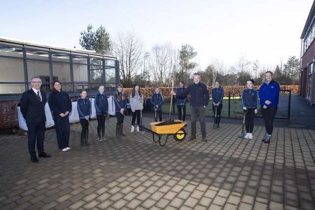 GARDEN MAKEOVER AT ST. MARY'S. . . .Group pictured at St. Mary's College at the start of the Garden Maker in the school grounds. From left, Mr Brendan Mc Ginn (Principal), Sharon McMaster, Natural World Products,  Ellie Armstrong, Eve Coutney, Billie-Jo Casey, Ava-Lily Mc Intyre, Clogagh Sharkey, Olivia Doherty, Lamise Jalloul, Freya Curran and Mrs Paula Molloy (Teacher of Science & Amp; Leader of Wellbeing). (Photos: Jim McCafferty Photography)