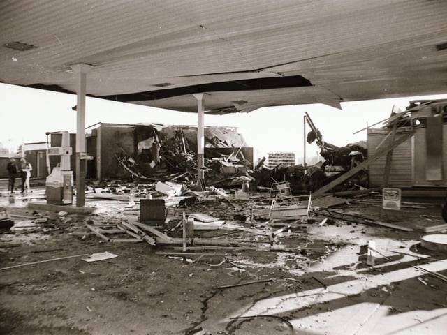 Maxol Filling Station bomb damage on the Strand Road.