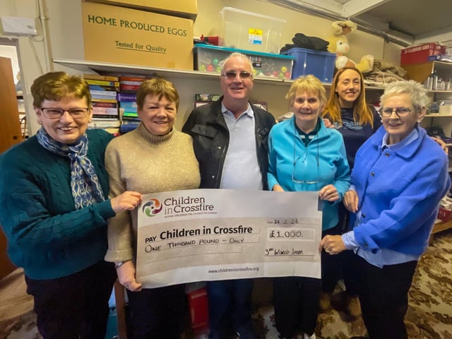 Richard Moore and Shauna O’Neill from Derry-based international development charity Children in Crossfire visited the Third World Shop in Maghera on Friday to thank them for their latest £1,000 donation. The shop has been supporting Children in Crossfire’s annual Advent Appeal for several years. 2023’s campaign focused on providing education, healthcare and nutrition for thousands of young children in Dar es Salaam, Tanzania and the Third World Shop’s kind donation will help towards that goal. Pictured with Richard Moore and Shauna O’Neill are four of the shop’s volunteers; Ann Bradley, Bernie McErlean, Marian O'Kane and Josephine Breen.