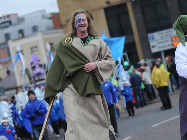 St Patrick made an appearance at the Derry St Patrick's day parade. (1803SL62)