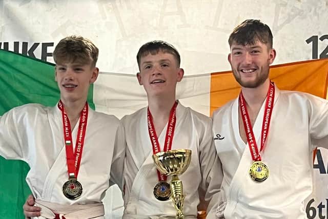 Patrick Moynihan, Caolan Caulfield and Killian Doherty who won gold in fine style in the cadet team rotation kumite.