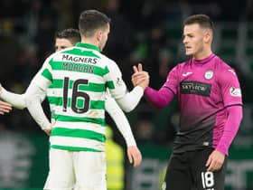 Celtic’s Lewis Morgan with St Mirren’s Danny Mullen (right) at end  during the Ladbrokes Scottish Premiership match at Celtic Park, Glasgow