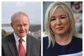 On left, the late Martin McGuinness and on right, First Minister Michelle O'Neill.