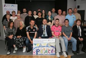 Mayor McHugh with guests at the new Gasyard Development Trust PEACEPLUS project  launch, Gasyard Centre. (Photo - Deirdre Heaney, nwpresspics)