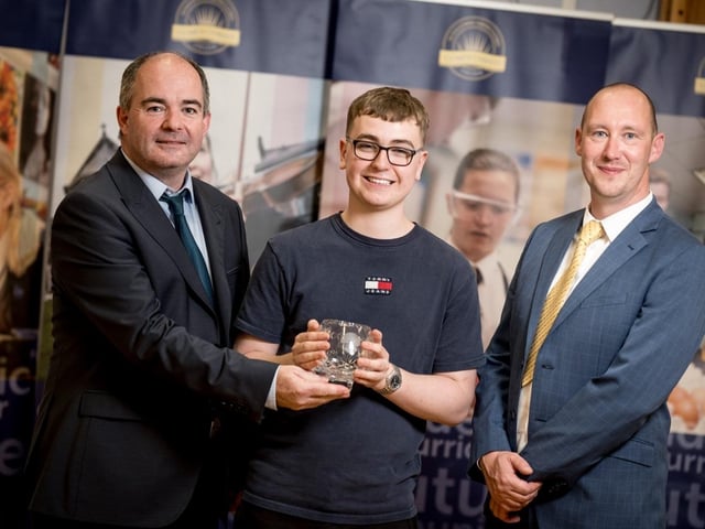 Mr Noel Mc Elholm congratulates Oliver McKibben, recipient of the Seagate Technology Award for A2 Physics. Also pictured, Mr Mark Smyth (Head of Physics).