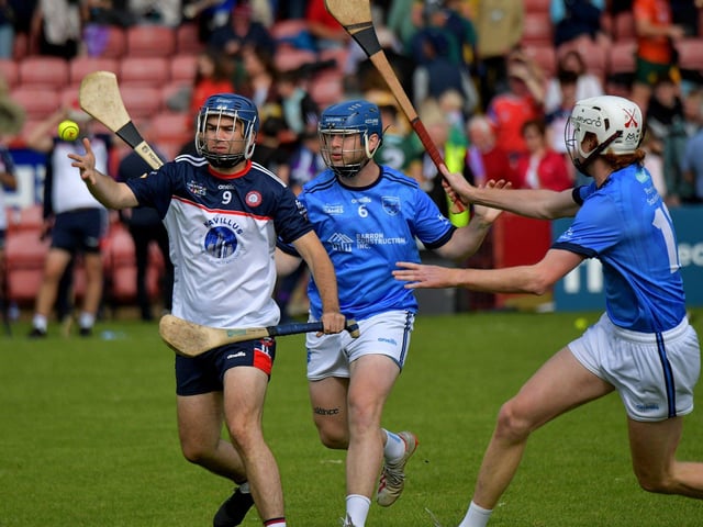 New York in action against Pearse Og San Francisco in GAA World Games Hurling International final in Celtic Park on Friday morning. Photo: George Sweeney. DER2330GS - 186