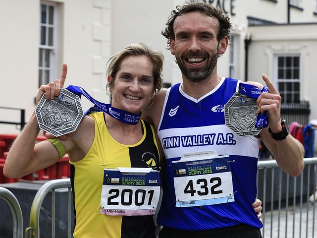 John Joe Doherty (Finn Valley AC) and Ann-Marie McGlynn (Strabane AC), winners of the in the Bentley Group Walled City 10 Mile race, Ebrington Square on Saturday. (Photo - Tom Heaney, nwpresspics)