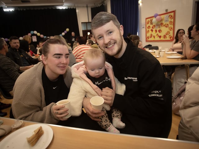 FAMILY TIME. . . .7 months old Bonnie Duffy pictured with mum and dad Shannon and Conor at the Friday Charity Coffee Morning.