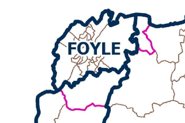 A map illustrating how the Foyle constituency will shrink with Eglinton and Claudy joining East Derry and the whole of Slievekirk including Ardmore and Curryfree joining West Tyrone.