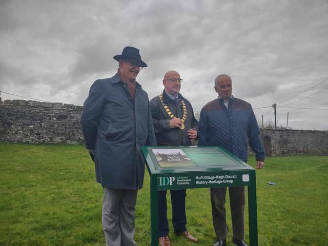 Reverend Miller, Councillor Crossan and Cathal Monaghan from Muff History group, pictured at the unveiling of the plaque.
