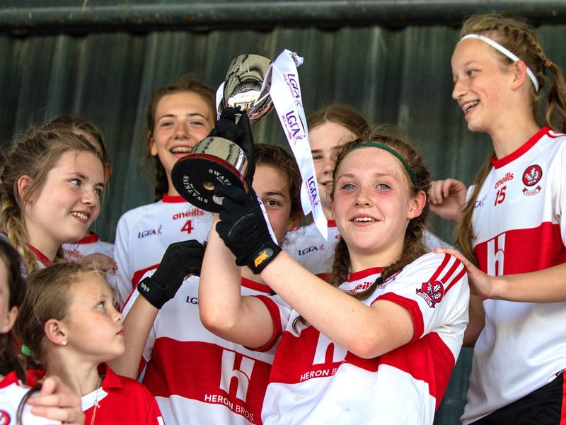 Celebration time at the 2023 All-Ireland U14 Gold Final between Derry and Tipperary at Clan na Gael GAA Club in Dundalk, Co. Louth. Photo by Stephen Marken/Sportsfile