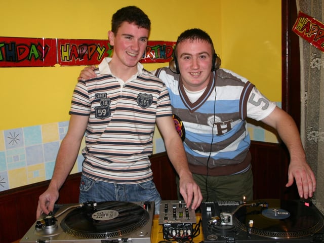 Alex Lynch on right with DJ Mr Cool  Pete turn up the music at the party. 2250dd : Parties and celebrations January 2006: Alex Lynch.