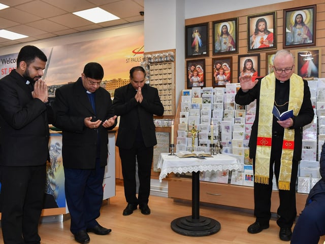 Bishop of Derry The Most Reverend Dr. Donal McKeown blesses the newly opened St Paul’s book and gift shop on Derry’s Shipquay Street. Included in the photograph are members of the Society of St Paul Fr. Thomas, Fr. Gilbert and Fr. Paul. Photo: George Sweeney