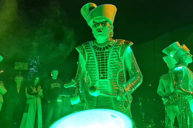 The amazing colourful drum band Spark! performing during Derry Halloween 2024.