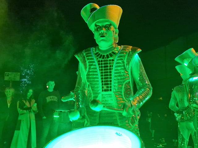 The amazing colourful drum band Spark! performing during Derry Halloween 2024.