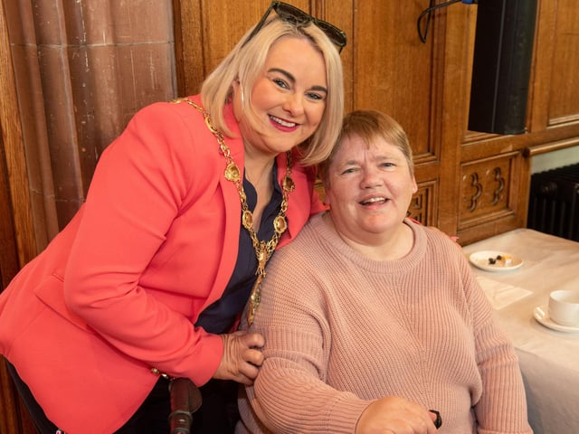 The Mayor Councillor Sandra Duffy hosted final tea dance of her term in the Guildhall on Wednesday, pictured with Barbara Carlin.. Picture Martin McKeown. 10.05.23