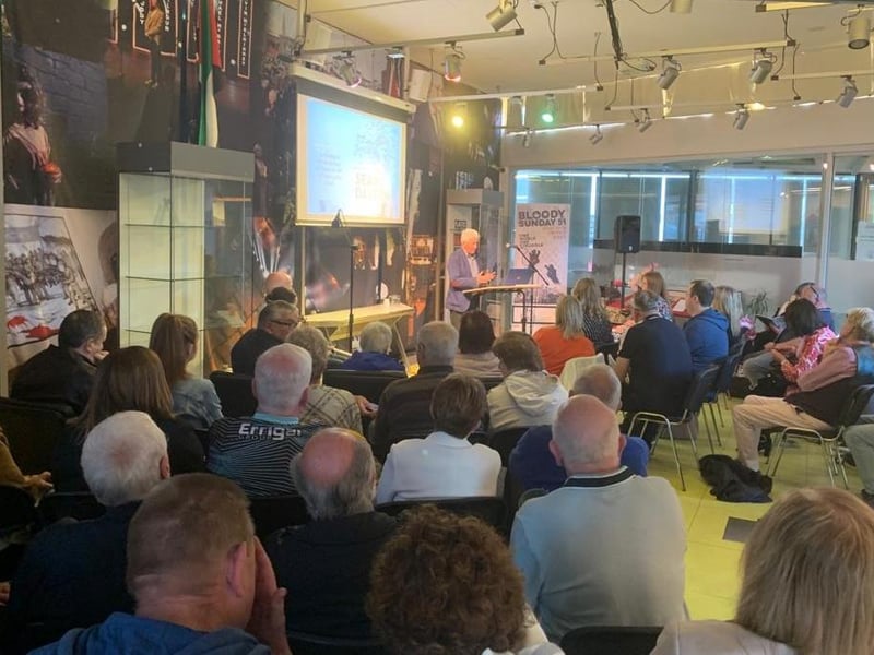 Paul O'Connor from the Pat Finucane Centre addressing the memorial event for the victims of the Good Samaritan bomb.