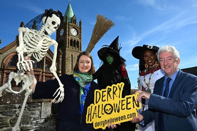 Winifred the Witch flew into Derry-Londonderry where she was welcomed onto the City Walls by the Mayor, Councillor Lilian Seenoi-Barr with Alice Mansergh, Chief Executive Tourism Ireland and John McGrillen Chief Executive Officer, Tourism NI, at the launch of the annual Derry City and Strabane District Council Hallowe’en Halloween Festival programme. Picture Martin McKeown. 16.09.24