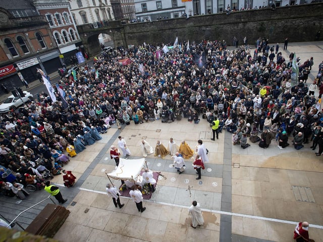 The Eucharistic Procession of the Faithful in honour of St. Brigid pictured praying the Rosary in Guildhall Square on Saturday. (Photos: Jim McCafferty Photography)
