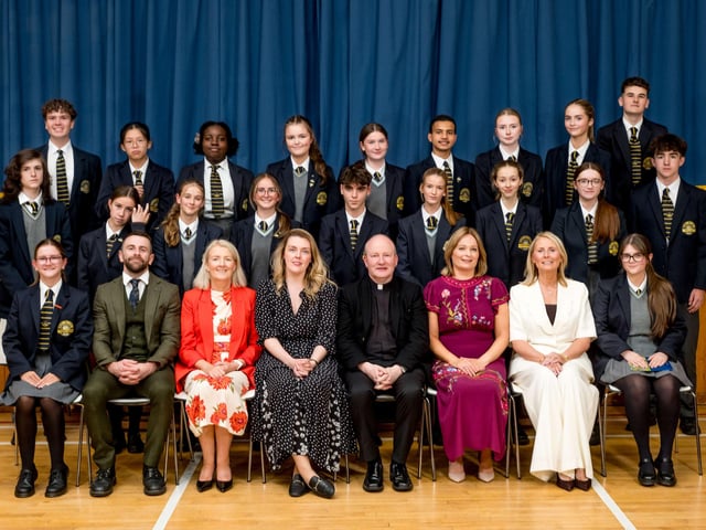 Recipients of School Ethos Awards in Year 11. Also pictured Fr Gerard Mongan (Board of Governors), Mrs Brónach O’Hare (Vice Principal), Ms Catherine Hughes (Senior Teacher), Ms Niamh Hargan (Guest Speaker), Mrs Ailish O’Kane (Senior Teacher)&Mr Niall Hanna (Head of Year). Lumen Christi College