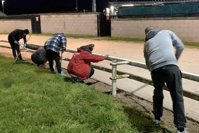 Brandywell Monday; Whilst the Track Management Team dealt with the area of vandalism, the volunteer Supporters helped with the routine tasks which contribute to keeping the track in pristine condition for our dogs. Great to see such a strong Community Spirit at the Brandywell in the face of adversity.