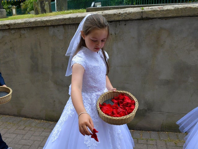 A P4 pupil, who made her First Holy Communion recently, spreads red petals on the ground during the Solemnity of Corpus Christi procession, on Sunday afternoon. Photo: George Sweeney. DER2324GS –