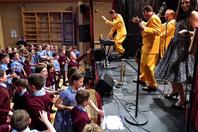 The Jive Aces open the 2023 Jazz Festival with a performance in St St John’s Primary School. Photo: George Sweeney.  DER2317GS – 33
