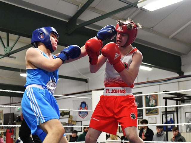 Evan Ross, Moneyglass v Keelan Duggan, St Johns. Photograph: George Sweeney